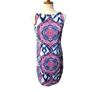 Vince Camuto Blue Pink Medallion Geometric retro Print Sleeveless Shift Dress